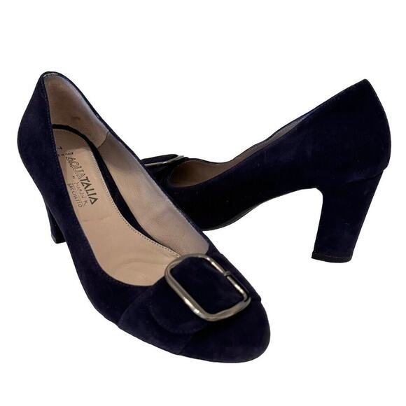 Aquatalia Sacchetto Blue Suede Pumps Size 7M Silver Buckle/Toe 3" Heel EUC - Picture 1 of 9
